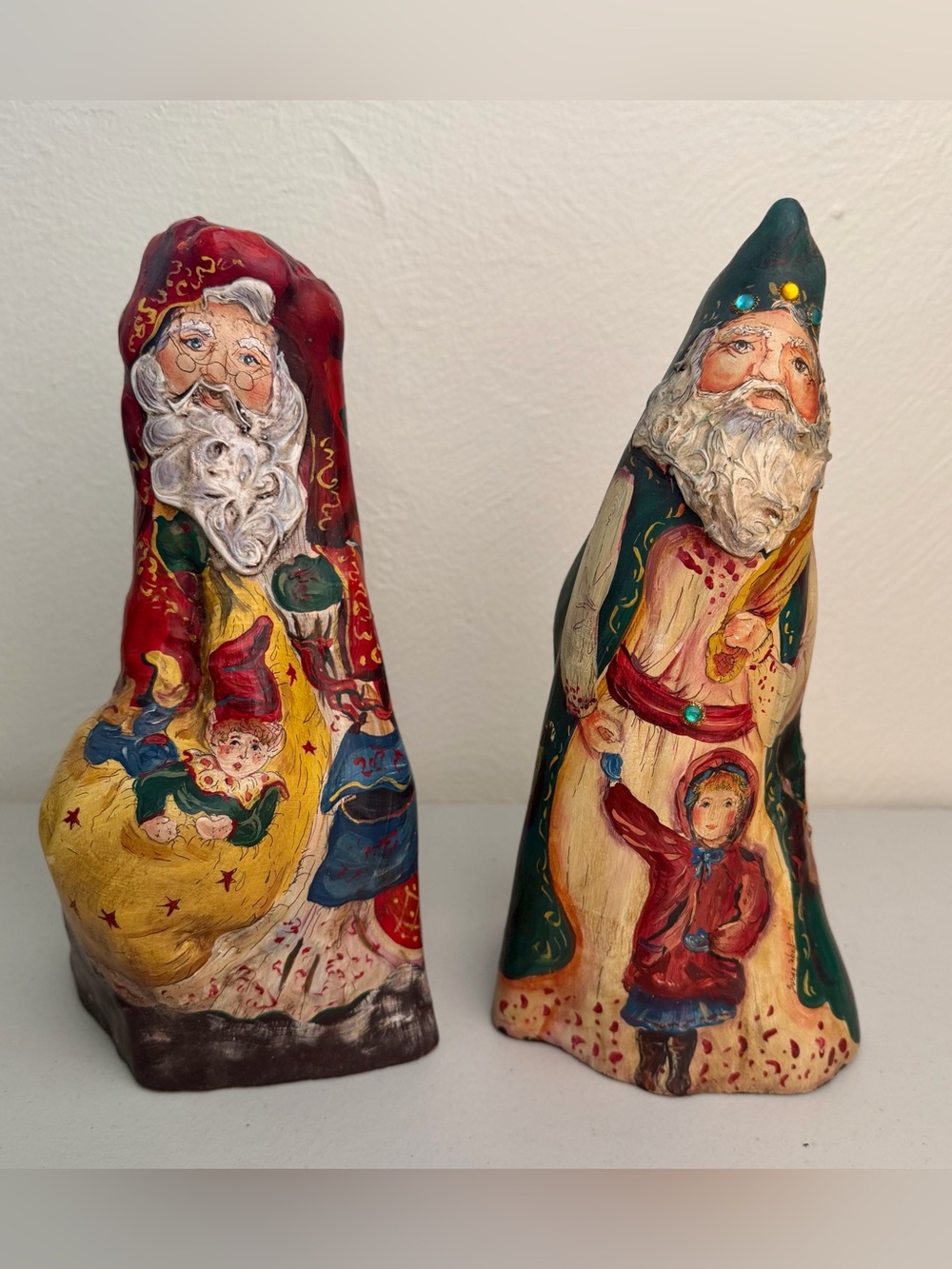Vintage Wood Hand Painted Folk Art Old World Santa Figurines Christmas Set of 2